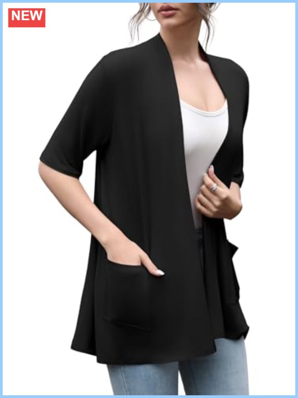 Short Sleeve Open Front Cardigan Lightweight Loose with Pockets